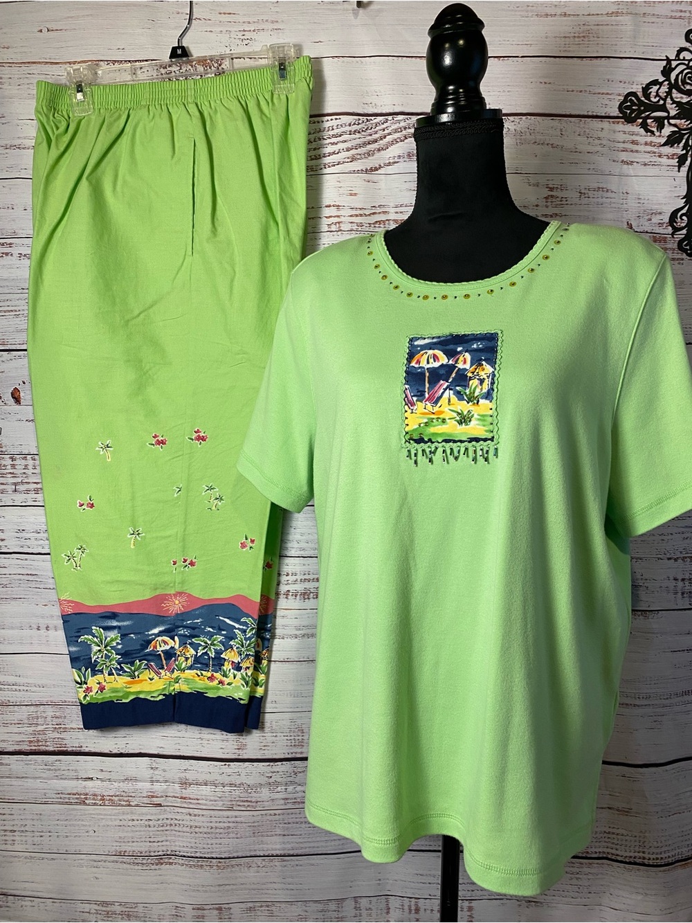 Alfred Dunner Lime Green Tropical Print Two-Piece Pants Set Sz-L/14